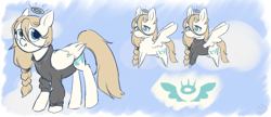 Size: 2500x1080 | Tagged: safe, artist:metaruscarlet, imported from derpibooru, oc, oc only, oc:sunny harmony, angel pony, original species, pegasus, pony, angel, chest fluff, clothes, cross, cute, cutie mark, female, halo, jewelry, mare, necklace, reference sheet, simple background, sweater, transparent background