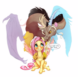 Size: 1600x1600 | Tagged: safe, artist:gor1ck, imported from derpibooru, discord, fluttershy, draconequus, pegasus, pony, blushing, duo, duo male and female, embarrassed, fangs, female, grin, male, mare, nervous, nervous grin, open mouth, simple background, sitting, smiling, speech bubble, spread wings, telepathy, white background, wings