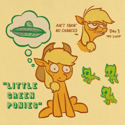 Size: 2000x2000 | Tagged: safe, artist:horsewizardart, imported from derpibooru, applejack, alien, alien pony, earth pony, pony, bags under eyes, female, flying saucer, mare, paranoid, simple background, solo, thought bubble, yellow background