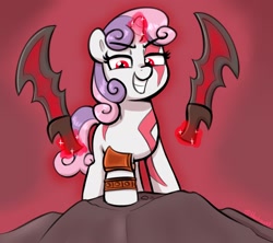 Size: 2139x1896 | Tagged: safe, artist:heretichesh, imported from derpibooru, sweetie belle, pony, unicorn, blades of chaos, female, filly, foal, glowing, glowing horn, god of war, grin, horn, kratos, levitation, magic, red eyes, smiling, solo, sword, telekinesis, weapon