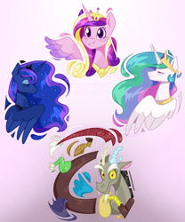 Size: 1280x1542 | Tagged: safe, artist:imaplatypus, imported from derpibooru, discord, princess cadance, princess celestia, princess luna, alicorn, draconequus, alicorn triarchy, crown, female, jewelry, male, mare, one of these things is not like the others, regalia, royalty