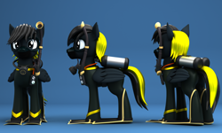 Size: 2500x1500 | Tagged: safe, artist:argos90, imported from derpibooru, oc, oc only, oc:shadow whip, pegasus, pony, 3d, 3d model, air tank, butt, commission, dive mask, flippers (gear), goggles, male, pegasus oc, plot, reference sheet, scuba gear, solo, stallion, wetsuit, ych result