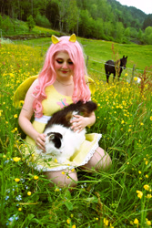 Size: 4000x6000 | Tagged: safe, artist:shadeila, artist:themoonraven, imported from derpibooru, fluttershy, cat, horse, human, absurd resolution, clothes, cosplay, costume, irl, irl horse, irl human, meadow, photo, solo