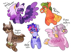 Size: 1280x964 | Tagged: safe, artist:sallyqwest623, imported from derpibooru, oc, oc only, earth pony, hybrid, pegasus, pony, unicorn, zony, body freckles, bowtie, crack ship offspring, freckles, glasses, hair over eyes, magical gay spawn, magical lesbian spawn, offspring, one eye closed, parent:big macintosh, parent:derpy hooves, parent:flam, parent:mud briar, parent:party favor, parent:pinkie pie, parent:rainbow dash, parent:rolling thunder, parent:twilight sparkle, parent:zecora, parents:derpypie, parents:rainbowmac, potion, simple background, sunglasses, tongue out, watermark, white background, wink