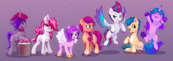 Size: 4779x1708 | Tagged: safe, artist:xbi, imported from derpibooru, hitch trailblazer, izzy moonbow, pipp petals, sugar moonlight, sunny starscout, zipp storm, earth pony, pegasus, pony, unicorn, beret, clothes, female, flying, g5, gradient background, hat, male, mane five (g5), mare, onyx, pipp is short, scarf, spread wings, stallion, wings