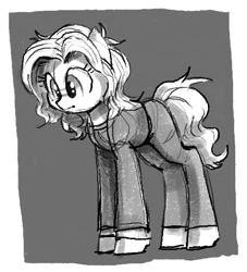 Size: 441x485 | Tagged: safe, artist:plunger, imported from derpibooru, oc, oc only, earth pony, pony, clothes, earth pony oc, female, grayscale, looking at something, mare, monochrome, simple background, solo, standing