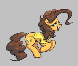Size: 311x264 | Tagged: safe, artist:plunger, imported from derpibooru, cheese sandwich, earth pony, pony, aggie.io, clothes, female, gray background, grilled cheese (r63), looking back, lowres, mare, open mouth, raised hoof, rule 63, shirt, side view, simple background, smiling, solo
