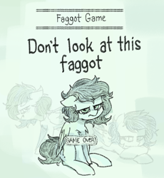 Size: 702x762 | Tagged: safe, alternate version, artist:plunger, imported from derpibooru, oc, oc:filly anon, pegasus, pony, annoyed, chest fluff, faggot, female, filly, floppy ears, foal, game over, looking at you, lying down, pegasus oc, prone, sign, sitting, slur, text, the game, vulgar