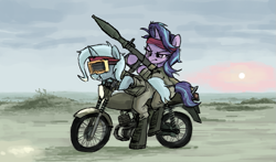 Size: 1087x639 | Tagged: safe, artist:plunger, imported from derpibooru, starlight glimmer, trixie, pony, unicorn, bandana, boots, clothes, duo, eyebrows, female, goggles, grin, hoof hold, horn, mare, messy mane, motorcycle, rocket launcher, rpg-7, shoes, sitting, smiling, sun, teeth, vehicle, weapon
