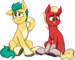 Size: 1338x1075 | Tagged: safe, artist:storfulsten, imported from derpibooru, hitch trailblazer, sprout cloverleaf, earth pony, pony, blushing, cute, duo, g5, gay, hitchsprout, male, one ear down, shipping, simple background, stallion, transparent background