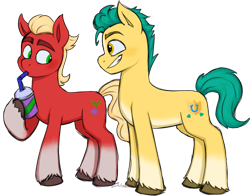 Size: 500x392 | Tagged: safe, artist:storfulsten, imported from derpibooru, hitch trailblazer, sprout cloverleaf, earth pony, pony, drinking, duo, g5, male, simple background, smoothie, stallion, transparent background