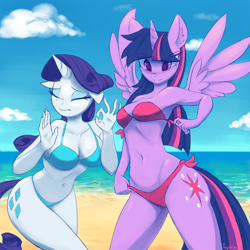 Size: 1512x1512 | Tagged: safe, artist:fajeh, imported from derpibooru, rarity, twilight sparkle, alicorn, anthro, unicorn, bandeau, beach, belly button, bikini, blushing, breasts, busty rarity, busty twilight sparkle, clothes, cloud, duo, duo female, ear fluff, eye clipping through hair, eyebrows, eyebrows visible through hair, eyes closed, eyeshadow, female, floppy ears, horn, makeup, meme, ocean, reasonably sized breasts, side-tie bikini, signature, smiling, spread wings, swimsuit, tail, twilight sparkle (alicorn), water, when x just right, wings