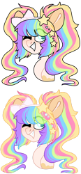 Size: 1280x2767 | Tagged: safe, artist:moonert, imported from derpibooru, oc, oc only, pegasus, pony, bust, duo, eye clipping through hair, grin, multicolored hair, pegasus oc, rainbow hair, simple background, smiling, transparent background