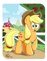 Size: 2550x3300 | Tagged: safe, artist:wilsonswondertoons, imported from derpibooru, applejack, earth pony, pony, chest fluff, female, looking at you, mare, smiling, smiling at you, solo, sweet apple acres