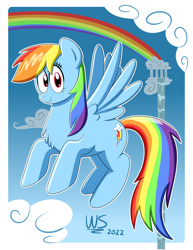 Size: 2550x3300 | Tagged: safe, artist:wilsonswondertoons, imported from derpibooru, rainbow dash, pegasus, pony, chest fluff, cloud, female, looking at you, mare, rainbow, smiling, smiling at you, solo, spread wings, wings