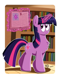 Size: 2550x3300 | Tagged: safe, artist:wilsonswondertoons, imported from derpibooru, twilight sparkle, pony, unicorn, book, bookshelf, chest fluff, female, glowing, glowing horn, horn, levitation, library, looking up, magic, magic aura, mare, smiling, solo, telekinesis, unicorn twilight, walking