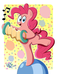 Size: 2550x3300 | Tagged: safe, artist:wilsonswondertoons, imported from derpibooru, pinkie pie, earth pony, pony, accordion, balloon, bipedal, confetti, female, looking at you, mare, music notes, musical instrument, open mouth, open smile, smiling, smiling at you, solo, standing, standing on one leg