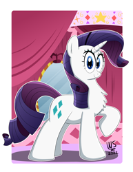Size: 2550x3300 | Tagged: safe, artist:wilsonswondertoons, imported from derpibooru, rarity, pony, unicorn, carousel boutique, chest fluff, female, looking at you, mare, raised hoof, smiling, smiling at you, solo