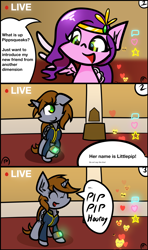 Size: 1920x3240 | Tagged: safe, artist:professionalpuppy, imported from derpibooru, pipp petals, oc, oc:calamity, oc:littlepip, pegasus, pony, unicorn, fallout equestria, comic, crossover, g5, livestream, name pun, namesake, pipbuck, pipp pipp hooray, pun, streaming, visual pun