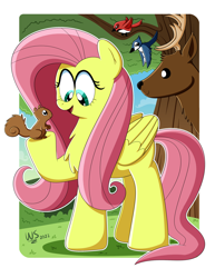 Size: 2550x3300 | Tagged: safe, artist:wilsonswondertoons, imported from derpibooru, fluttershy, bird, blue jay, deer, pegasus, pony, squirrel, chest fluff, female, looking at something, mare, solo, tree