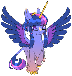 Size: 3991x4204 | Tagged: safe, artist:jell-ofish101, imported from twibooru, twilight sparkle, alicorn, pony, alternate design, alternate hairstyle, chest fluff, colored hooves, glasses, gradient hooves, hoof fluff, hoof hold, image, leonine tail, png, ponytail, redesign, simple background, solo, spread wings, star (coat marking), transparent background, two toned wings, wings