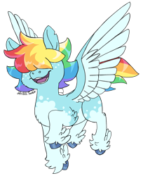 Size: 3549x4340 | Tagged: safe, artist:jell-ofish101, imported from twibooru, rainbow dash, pegasus, pony, alternate design, alternate hairstyle, bangs, coat markings, colored hooves, feathered fetlocks, freckles, hair over eyes, image, missing cutie mark, open mouth, png, simple background, smiling, solo, transparent background