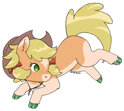 Size: 3589x3221 | Tagged: safe, artist:jell-ofish101, imported from twibooru, applejack, earth pony, pony, alternate design, alternate hairstyle, bow, bucking, coat markings, colored hooves, cowboy hat, freckles, hair bow, hat, image, pigtails, png, simple background, solo, star (coat marking), transparent background