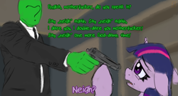 Size: 1085x587 | Tagged: safe, artist:zebra, twilight sparkle, oc, oc:anon, human, pony, unicorn, angry, clothes, gun, handgun, movie parody, movie reference, necktie, parody, pistol, pulp fiction, scared, suit, this will end in death, this will end in pain, weapon