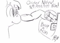 Size: 3508x2480 | Tagged: safe, artist:boxybrown, oc, oc only, earth pony, pony, advertisement, boop, boxybrown, female, finger, machine, mare, monochrome, text