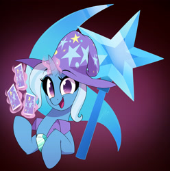 Size: 3500x3526 | Tagged: safe, artist:light262, imported from derpibooru, trixie, pony, unicorn, brooch, cape, card, clothes, cute, diatrixes, female, glowing, glowing horn, hat, high res, hooves, horn, jewelry, looking at you, magic, magic aura, mare, open mouth, open smile, playing card, smiling, solo, telekinesis, trixie's brooch, trixie's cape, trixie's hat