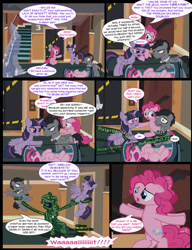 Size: 1042x1358 | Tagged: safe, artist:dendoctor, imported from derpibooru, doctor whooves, mean twilight sparkle, pinkie pie, time turner, twilight sparkle, alicorn, earth pony, pegasus, pony, comic:clone.., alternate universe, bandage, bipedal, clone, comic, discord whooves, discorded whooves, female, frozen, homunculus, i was frozen today, injured, male, middle feather, middle finger, pinkie clone, the doctor, twilight sparkle (alicorn), vulgar, wing hands, wings