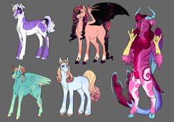 Size: 2851x2000 | Tagged: safe, artist:felinenostalgic, imported from derpibooru, oc, oc only, oc:blue pearmain, oc:midnight shower, oc:polar north, oc:riptide reef, oc:whirligig, bat pony, draconequus, earth pony, pegasus, pony, unicorn, bat pony oc, draconequus oc, female, gray background, interspecies offspring, magical lesbian spawn, male, mare, offspring, parent:applejack, parent:cheese sandwich, parent:discord, parent:double diamond, parent:fluttershy, parent:king sombra, parent:pinkie pie, parent:rainbow dash, parent:rarity, parent:twilight sparkle, parents:cheesedash, parents:diamondlight, parents:discopie, parents:rarijack, parents:sombrashy, simple background, stallion