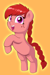 Size: 1744x2644 | Tagged: safe, artist:heretichesh, imported from derpibooru, oc, oc only, oc:lilly pad, earth pony, pony, braid, braided ponytail, braided tail, female, filly, foal, freckles, happy, looking at you, open mouth, open smile, ponytail, rearing, smiling, solo, tail