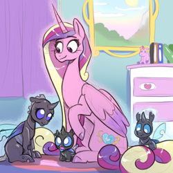 Size: 768x768 | Tagged: safe, artist:smirk, imported from derpibooru, princess cadance, oc, unnamed oc, changeling, nymph, babysitting, book, changeling oc, colored sketch, cute, doll, dresser, foal, missing accessory, pacifier, toy