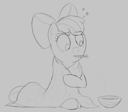 Size: 1503x1317 | Tagged: safe, artist:dtcx97, imported from derpibooru, apple bloom, earth pony, pony, backwards thermometer, blanket, female, filly, foal, food, sick, sketch, solo, soup, thermometer