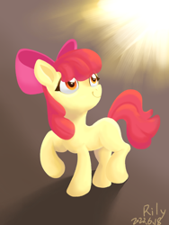Size: 1080x1440 | Tagged: safe, artist:rily, imported from derpibooru, apple bloom, earth pony, pony, female, filly, foal, raised hoof, smiling, solo, sun