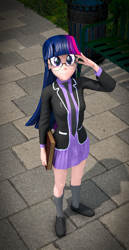 Size: 1832x3560 | Tagged: safe, artist:sfmaniaceq, derpibooru exclusive, imported from derpibooru, twilight sparkle, human, equestria girls, book, clothes, glasses, human coloration, socks, solo, uniform