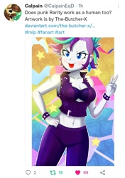 Size: 720x1024 | Tagged: safe, artist:the-butch-x, edit, imported from derpibooru, rarity, oc, oc:calpain, human, pony, equestria girls, it isn't the mane thing about you, season 7, 2017, 69 (number), alternate hairstyle, belly button, breasts, busty rarity, calpain, cleavage, clothes, female, hand on hip, meta, midriff, old art, open mouth, pants, peace sign, punk, raripunk, signature, solo, tongue out, twitter