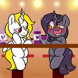 Size: 1000x1000 | Tagged: safe, artist:paperbagpony, imported from derpibooru, oc, oc only, alcohol, blushing, bottle, drunk, glass, go home you're drunk, sitting, wine, wine bottle, wine glass