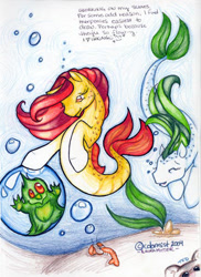 Size: 432x594 | Tagged: safe, artist:colormist, imported from derpibooru, oc, oc only, merpony, sea pony, seapony (g4), bubble, cute, dorsal fin, eyes closed, fish tail, flowing tail, green mane, ocean, red eyes, red mane, seaweed, signature, smiling, sunlight, swimming, tail, text, traditional art, underwater, water