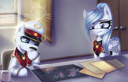 Size: 3040x1960 | Tagged: safe, artist:opal_radiance, imported from derpibooru, oc, oc only, oc:kertz schmane, oc:opal rosamond, earth pony, pegasus, pony, equestria at war mod, banner, chair, clothes, conference room, duo, duo male and female, earth pony oc, eyebrows, facial hair, female, frown, high res, hoof on chin, male, map, mare, military uniform, moustache, pax solaris, pegasus oc, solar empire, stallion, uniform