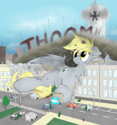 Size: 1338x1422 | Tagged: safe, artist:qkersnll, imported from derpibooru, derpy hooves, pegasus, pony, building, circling stars, city, crushing, destruction, dizzy, female, giant pony, giantess, macro, scrunchy face