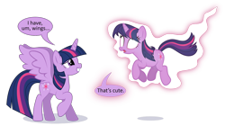 Size: 1600x894 | Tagged: artist needed, safe, imported from derpibooru, twilight sparkle, alicorn, pony, unicorn, dialogue, female, glowing, glowing eyes, horn, levitation, magic, mare, self paradox, self ponidox, shadow, simple background, smiling, speech bubble, spread wings, telekinesis, text, transparent background, twilight sparkle (alicorn), twolight, unicorn twilight, wings