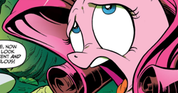 Size: 790x414 | Tagged: safe, artist:andypriceart, edit, idw, imported from derpibooru, pinkie pie, earth pony, pony, the return of queen chrysalis, spoiler:comic01, alternate hairstyle, cropped, dialogue, female, implied rarity, mane swap, mare, rarity hair, speech bubble, text