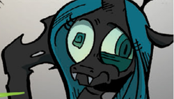 Size: 581x330 | Tagged: safe, artist:andypriceart, edit, idw, imported from derpibooru, queen chrysalis, changeling, changeling queen, pony, the return of queen chrysalis, spoiler:comic01, cropped, crown, derp, dizzy, fangs, female, head rub, hole, horn, jewelry, mare, oof, regalia, swirly eyes