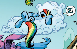 Size: 250x160 | Tagged: safe, artist:andypriceart, edit, idw, imported from derpibooru, firefly, rainbow dash, parasprite, pegasus, pony, the return of queen chrysalis, spoiler:comic01, cloud, cropped, female, lying down, lying on a cloud, mare, multicolored hair, on a cloud, on back, onomatopoeia, rainbow hair, sky, sleeping, snoring, sound effects, z