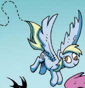 Size: 170x176 | Tagged: safe, artist:andypriceart, edit, idw, imported from derpibooru, derpy hooves, pegasus, pony, the return of queen chrysalis, spoiler:comic01, cropped, derp, female, flying, mare, sky, smiling, spread wings, wings