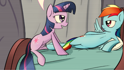 Size: 696x396 | Tagged: safe, artist:subjectnumber2394, edit, imported from derpibooru, rainbow dash, twilight sparkle, pegasus, pony, unicorn, bed, bedroom, bedroom eyes, blanket, comic, cropped, female, horn, lesbian, lying down, mare, multicolored hair, pillow, rainbow hair, shipping, smiling, spread wings, twidash, unicorn twilight, wings