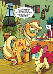 Size: 271x380 | Tagged: safe, artist:andypriceart, edit, idw, imported from derpibooru, apple bloom, applejack, changeling, earth pony, pony, the return of queen chrysalis, spoiler:comic01, apple, apple pie, apple sisters, applejack's hat, basket, bow, butt, changelings are terrible actors, cowboy hat, cropped, dialogue, disguise, disguised changeling, female, filly, foal, food, framed picture, hair bow, hat, infected, juice, mare, orange juice, pie, plot, siblings, sisters, smiling, speech bubble, table, text, tree