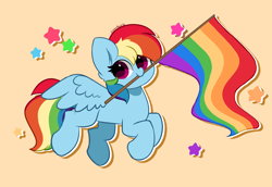 Size: 6432x4432 | Tagged: safe, artist:kittyrosie, imported from derpibooru, rainbow dash, pegasus, pony, cute, dashabetes, female, flag, flag pole, mare, mouth hold, pride flag, pride month, simple background, smiling, solo, spread wings, wings